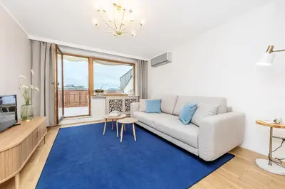 a living room with a couch and a blue rug at Apartament przy Wiśle in Kraków