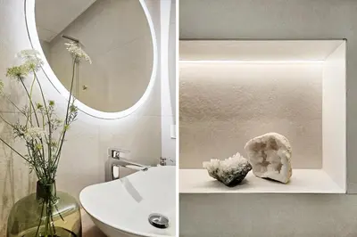 two pictures of a bathroom with a sink and a mirror at Apartament przy Wiśle in Kraków