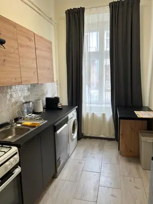 a kitchen with a washer and dryer next to a window at Apartament Peonia in Kraków