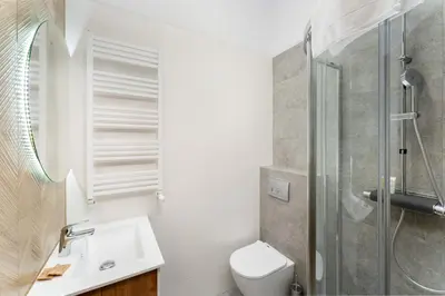 a bathroom with a shower and a toilet and a sink at Kazimierz Comfort Apartment- Starowiślna 54 in Kraków