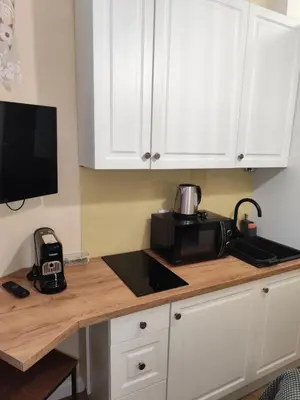 a kitchen with a counter top with a microwave at Capsule 12- Old Town , Steps to the Station , Maximum Convenience in Kraków