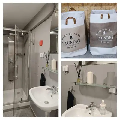 two pictures of a bathroom with a sink and a tote bag at Pokój kapsułowy 7 in Kraków