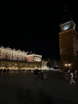 a building with lights in front of it at Topolova Apartament - Stare Miasto, 10 min od Rynku in Kraków