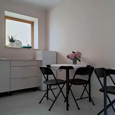 a kitchen with a table with chairs and a vase of flowers at Niwy8Rooms in Oświęcim