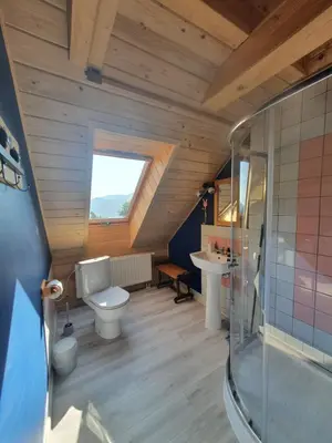 a bathroom with a toilet and a sink and a shower at Agroturystyka Z Głową w Chmurach - Zawoja in Zawoja