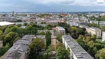 an aerial view of a city with buildings at Grzegórzki Comfort Apartment by BookingHost in Kraków