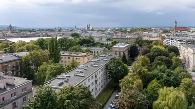 an aerial view of a city with buildings at Grzegórzki Comfort Apartment by BookingHost in Kraków