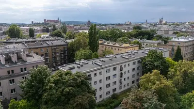 an aerial view of a city with buildings at Grzegórzki Comfort Apartment by BookingHost in Kraków