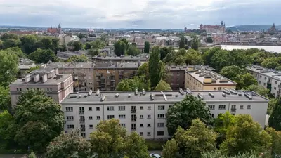 an aerial view of a city with buildings at Grzegórzki Comfort Apartment by BookingHost in Kraków