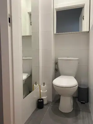 a white bathroom with a toilet and a sink at Gorka Apartament - Old Town Krakow in Kraków