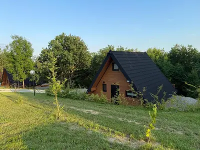 a barn with a black roof in a field at Julianowe Wzgórze in Czchów
