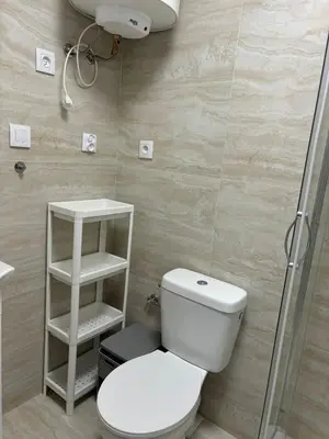 a small bathroom with a toilet and a shower at Apartament 1 w Kocierzu in Kocierz Rychwałdzki