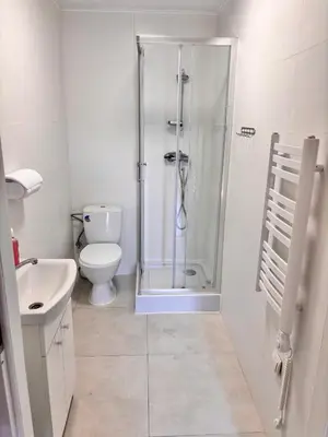 a white bathroom with a shower and a toilet at Domki nad Nidą in Wiślica