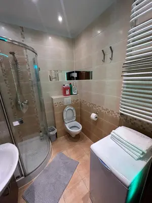 a bathroom with a shower and a toilet and a sink at Dawidapart in Kraków