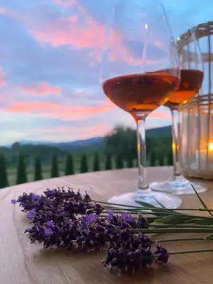 a couple of glasses of wine and a bunch of purple flowers at Chata Gilowicka - Beskid Żywiecki in Gilowice