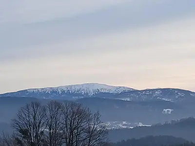 a snow covered mountain range with trees in the foreground at Domek z widokiem na góry in Targoszów