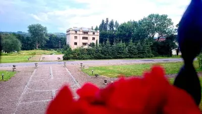 a view of a building from a window with red flowers at Zielona Paszkówka - sauna! in Paszkówka