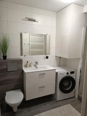 a bathroom with a sink and a washing machine at Apartament Maria in Oświęcim