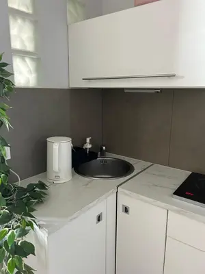 a kitchen with a sink and a counter top at Nowy Kleparz Apt in Kraków