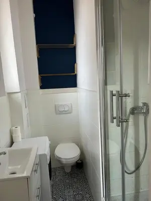a bathroom with a toilet and a shower and a sink at Nowy Kleparz Apt in Kraków