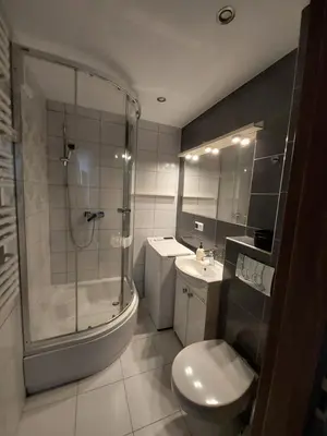 a bathroom with a shower and a toilet and a sink at Sunny Family Zator Energylandia in Zator