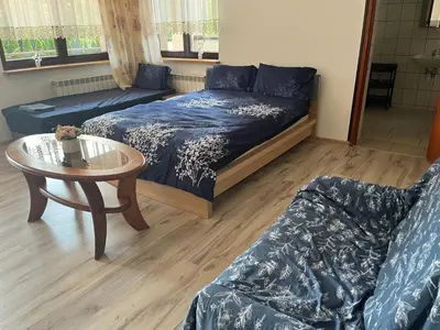 a living room with a couch and a table at HOTEL&RESTAURACJA DALLAS LuxUSAPL - 2026 NOWA WŁAŚCICIELKA ZAPRASZA!! in Myślenice
