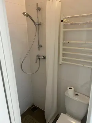 a bathroom with a shower and a toilet in it at Hala Targowa Apartament in Kraków