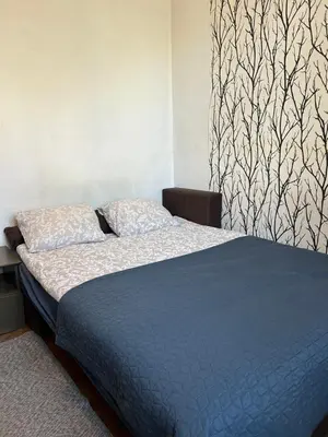 a bedroom with a bed with a blue comforter at Planty Apartament in Kraków