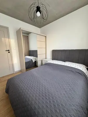 a bedroom with a large bed and a mirror at Piast Apartment - free parking in Kraków