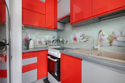 a kitchen with red cabinets and ducks on the wall at Modern Apartment with a Balcony in a Quiet Estate by Noclegi Renters in Kraków