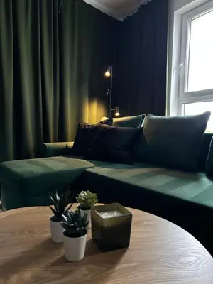 a living room with a green couch and a window at Vetaluniego Apartment High quality in Kraków