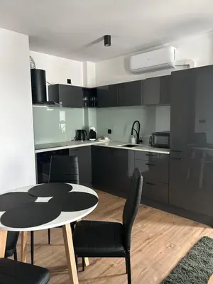 a kitchen with black cabinets and a table and chairs at Vetaluniego Apartment High quality in Kraków