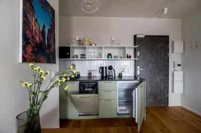 a small kitchen with white cabinets and a stove at Central Luminis Comfort Kraków 2 in Kraków
