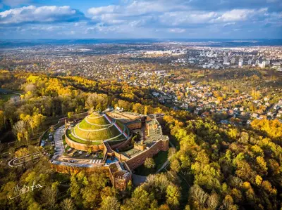 an aerial view of a building in a city at Apartament Green Old Town Krakow in Kraków