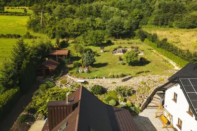 an aerial view of a garden and a house at Dom w Chomranicach-domek grillowy in Chomranice