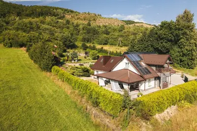 an aerial view of a house in a vineyard at Dom w Chomranicach-domek grillowy in Chomranice