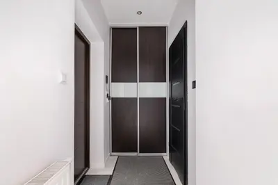 a hallway with dark wood doors and a carpet at Spacious Apartment in Wieliczka with AC & Parking in Wieliczka
