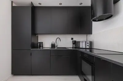 a kitchen with black cabinets and a sink at Spacious Apartment in Wieliczka with AC & Parking in Wieliczka