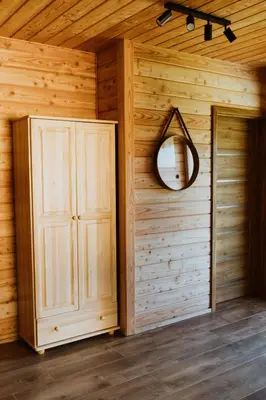 a room with a wooden wall with a door and a mirror at Hajdukówka Domki in Stróża