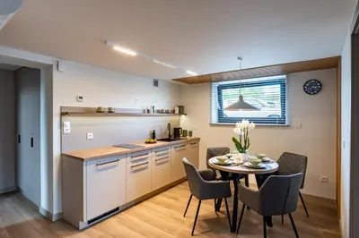 a kitchen and dining room with a table and chairs at Balice Apartamenty Premium - by Upstairs in Cholerzyn