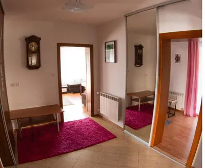 a living room with a mirror and pink rugs at Dom w Chomranicach- Jacuzzi, domek grillowy in Chomranice