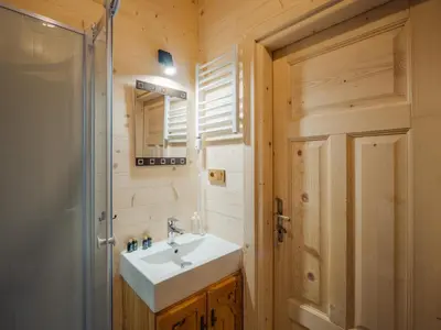 a bathroom with a sink and a shower at Apartamenty Przystań 18 Gorce w Rabce Zdrój in Rabka