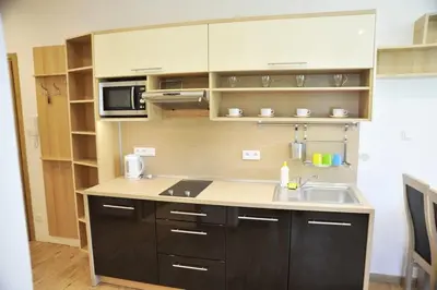 a kitchen with a sink and a microwave at Apartamenty Watra in Rabka