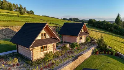 two log cabin homes on a hill with flowers at Babi czas in Podsarnie