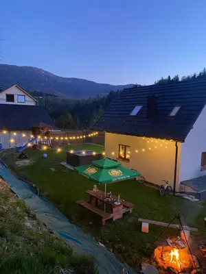 an aerial view of a house with a picnic table at Arkadia pod Diablakiem in Zawoja