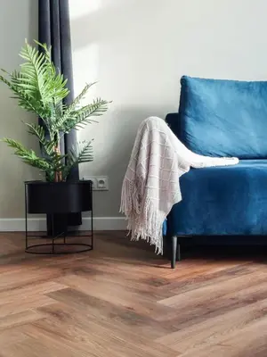 a blue couch in a living room with a plant at Meiselsa Apartments by Noah in Kraków