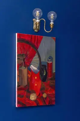 a painting of a table with lights on a blue wall at Uroczy Przestronny Apartament w Krakowie by Noclegi Renters in Kraków