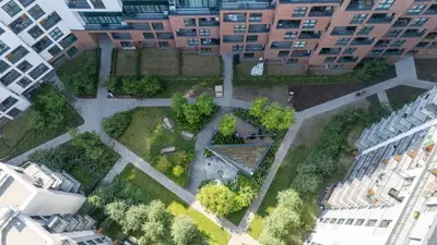 an aerial view of a park in a city at Crystal Luxury Apartments Rakowicka in Kraków
