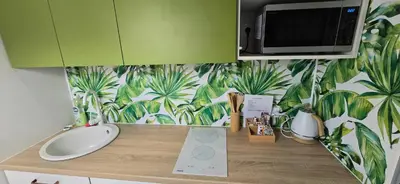 a counter with a microwave and a wall with plants at Aqua Glamp in Jaszczurowa