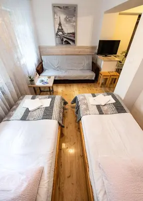 two beds in a room with a tv at Bagry Rooms in Kraków